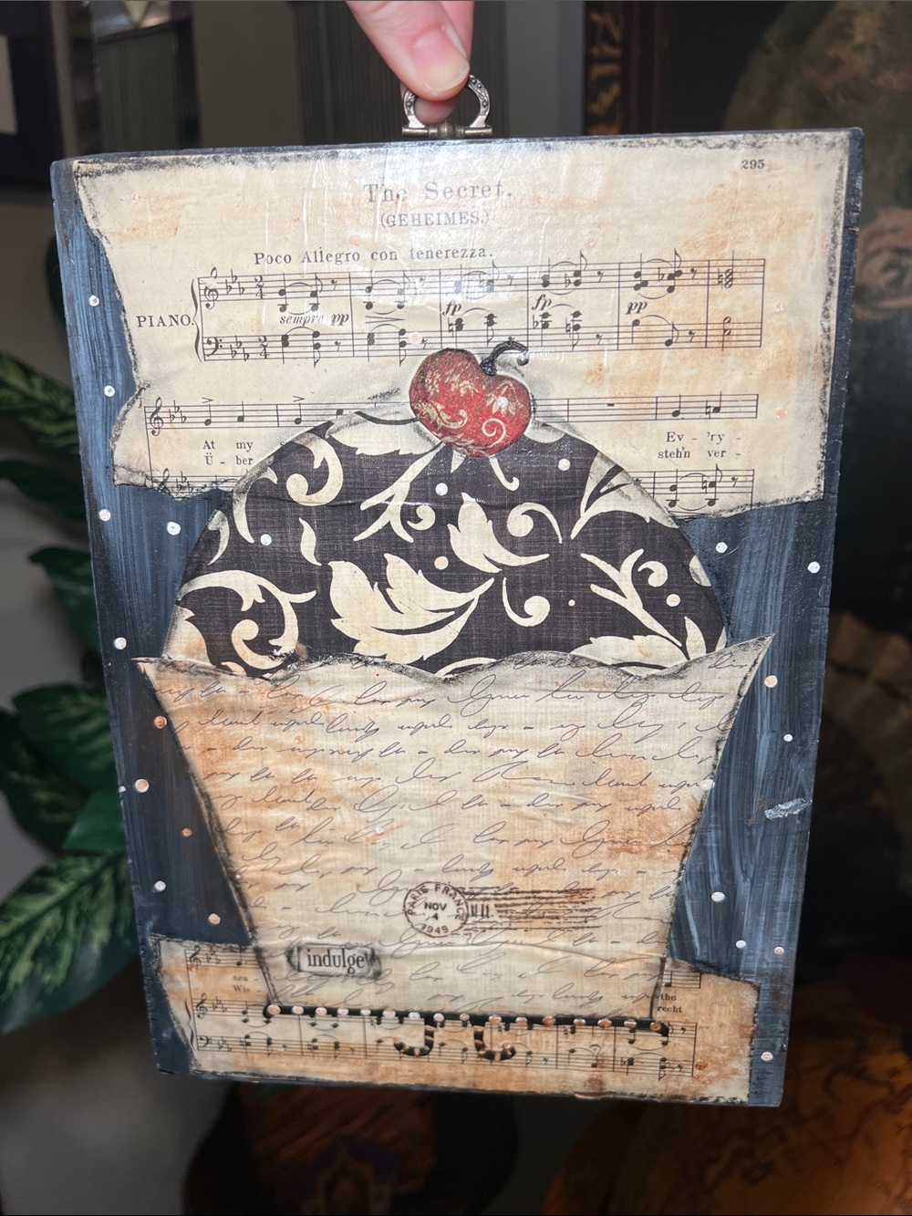 Artisan Paper Moon Studio Cherry Cupcake Collage Mixed Media Wall Art Plaque